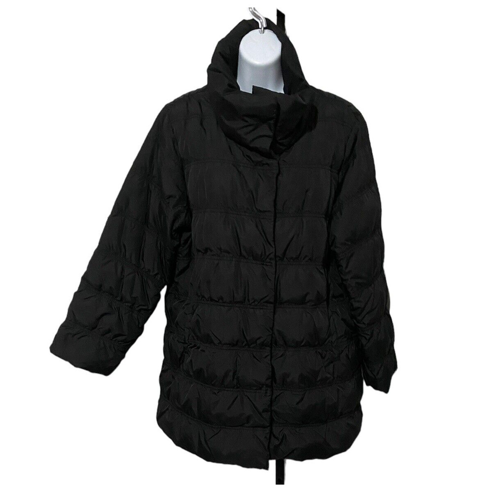 Eileen Fisher Puffer Down Jacket Coat Black Sz Petite Large Duck Down High Neck